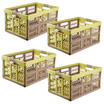 Keepper 4x Cajas Plegables Robustas, Mangos Suaves, 54x37x28cm, 45l, Ben, Verde/marrón