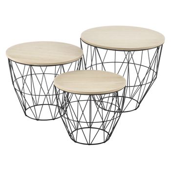 Set De 3x Cestas De Metal Con Bandejas Extraíbles - Mesa Baja - Mesa Auxiliar Para Almacenar - Mesas De Centro - Mesas De Té Y Café - Negro Y Color De Madera [en.casa]®