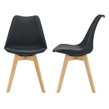 [en.casa]® Juego De Sillas De Comedor - 81 X 49 X 57 Cm - Silla Tapizada En Cuero Sintético - Patas De Madera De Haya - Sillas De Cocina - Set De 2 Sillas - Negro