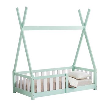 [en.casa]® Cama Para Niños Pequeños - Cama Infantil - 140x70cm - Estructura Tipi De Madera Pino - Con Reja De Seguridad - Color Verde Menta