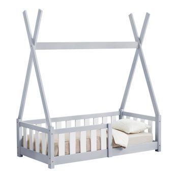 [en.casa]® Cama Para Niños Pequeños - Cama Infantil - 140x70cm - Estructura Tipi De Madera Pino - Con Reja De Seguridad - Gris Claro