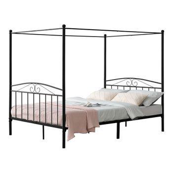 Cama Doble Con Baldaquín Lahti Con Dosel Acero 180 X  200 Cm - Negro [en.casa]