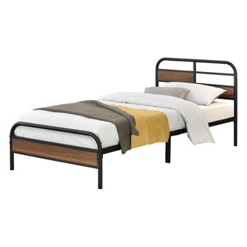 Cama Simple De Metal Aarau Con Somier 90 X 200 Cm Negro Mate Y Efecto Nogal [en.casa]