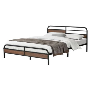 Cama Doble De Metal Aarau Con Somier 180 X 200 Cm Negro Mate Y Efecto Nogal [en.casa]