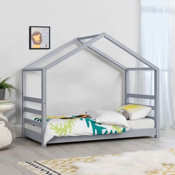 Cama Para Niños De Pino - 160 X 80 Cm - Cama Infantil - Forma De Casa - En Color Gris Lacado Mate [en.casa]®