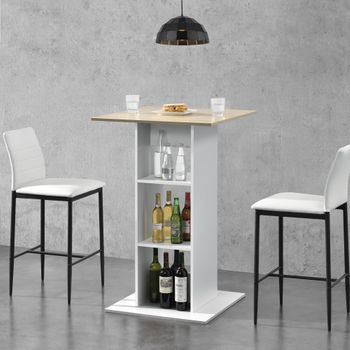 Mesa De Bar - Mesa Bistro Elegante - 70 X 70 X 110 Cm - Mesa Alta - Cocina - Barra Integrada Para Bebidas - Con 3 Estantes - Blanco Y Color Roble [en.casa]®