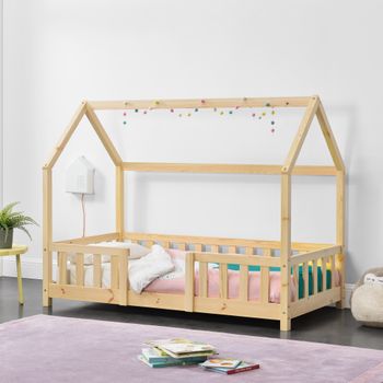 Cama Para Niños De Madera Pino - 70 X 140 Cm - Cama Infantil Con Reja Protectora - Forma De Casa - Casita - Pino Natural [en.casa]®