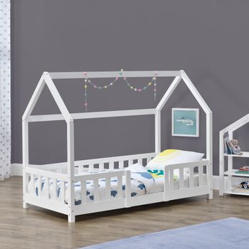 Cama Para Niños De Madera Pino - 80 X 160 Cm - Cama Infantil Con Reja Protectora - Forma De Casa - Casita - Blanco Mate Lacado [en.casa]®