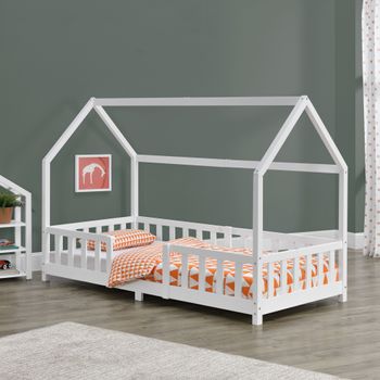 Cama Para Niños De Madera Pino - 90 X 200 Cm - Cama Infantil Con Reja Protectora - Forma De Casa - Casita - Blanco Mate Lacado [en.casa]®