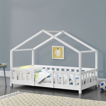 Cama Para Niños De Madera Pino - 80 X 160 Cm - Cama Infantil Con Reja Protectora - Casita - Forma De Casa - Blanco Mate Lacado [en.casa]®