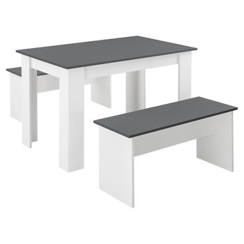 Conjunto De Mesa De Comedor De Diseño - Mesa De Cocina - 120 X 70 Cm X 73 Cm - Set De 2 Bancos - 86,5 X 33 X 43,5 Cm - Silla De Comedor - Silla De Cocina - Blanco Y Gris [en.casa]®