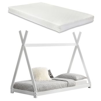 Cama Tipi Para Niños Pequeños Onejda Con Colchón Madera Pino 90x200cm Blanco Mate [en.casa]