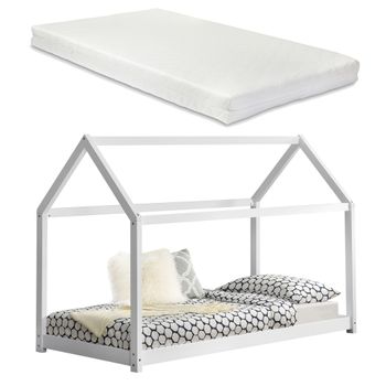 Cama Infantil Netstal De Madera Pino Con Colchón 90x200cm Forma De Casa Blanco Mate [en.casa]