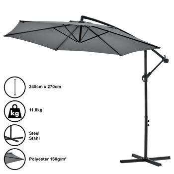 Sombrilla Colgante - Parasol Excéntrico Para Balcón Terraza Jardín - Diámetro Pantalla 270 Cm - Protector - Ajustable - Mástil De Acero Con Manivela - Gris [casa.pro]®