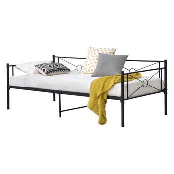 Cama Simple Alvesta Con Somier Reposacabezas Metal 90 X 200 Cm - Negro Mate [en.casa]