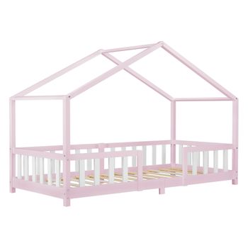 Cama Para Niños De Madera Pino 207 X 97 X 138 Cm Cama Infantil Con Reja Protectora Casita Forma De Casa Rosa Blanco Mate Lacado [en.casa]®