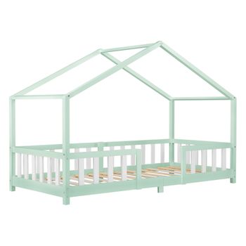 Cama Para Niños De Madera Pino 207 X 97 X 138 Cm Cama Infantil Con Reja Protectora Casita Forma De Casa Menta Verde Blanco Mate Lacado [en.casa]®