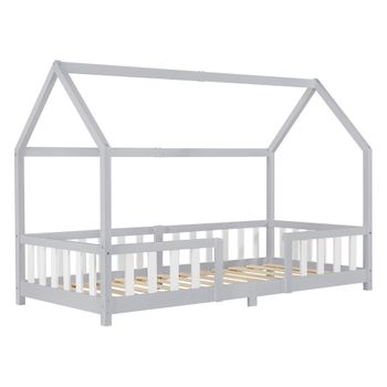 Cama Para Niños En Forma De Casa Con Reja Protectora Madera De Pino 207 X 96 X 140 Cm Chapa De Madera Gris Claro Blanco Mate Lacado [en.casa]