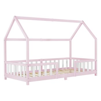 Cama Para Niños En Forma De Casa Con Reja Protectora Madera De Pino 207 X 96 X 140 Cm Chapa De Madera Rosa Blanco Mate Lacado [en.casa]