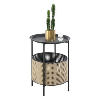 Mesa De Centro Beaumont Con Cesta Extraíble Metal 45 X Ø 35 Cm - Negro Y Color De Arena [en.casa]