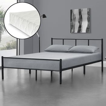 Cama De Metal Estable Con Colchón De Espuma Fría Laos - 160cm X 200cm - Cama Doble - Cama Matrimonio - Somier - Certificado Oeko-tex 100 - Negro Mate [en.casa]®