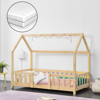 Cama Para Niños De Madera Pino Sisimiut Con Colchón Ortopédico - 70 X 140 Cm - Cama Infantil Con Reja Protectora - Forma De Casa - Casita - Pino Natural [en.casa]®