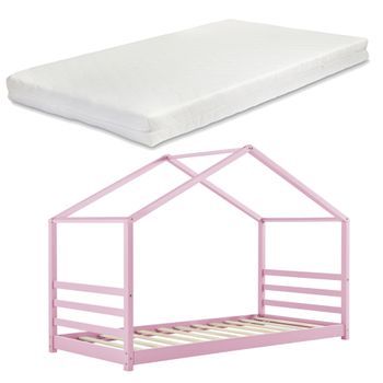 Cama Para Niños Vardø Con Colchón Y Somier - Forma De Casa - Pino 90 X 200 Cm - Rosa [en.casa]