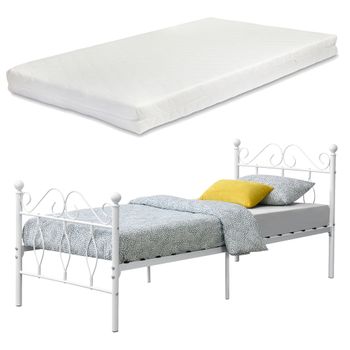 Cama Simple Apolda Metal Con Colchón 90 X 200 Cm Reposacabezas Blanco Mate [en.casa]