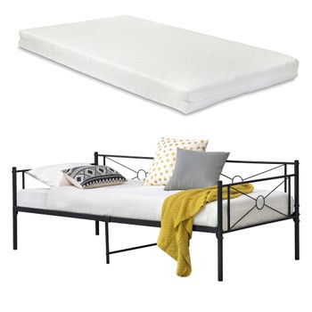 Cama Simple Alvesta Con Somier Colchón Reposacabezas Metal 90 X 200 Cm - Negro Mate [en.casa]