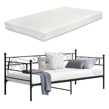 Cama Simple Kreava Reposacabezas Y Reposapiés Con Colchón Metal 90x200 Cm - Negro [en.casa]