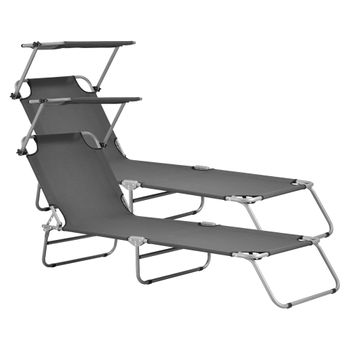 Set De 2x Tumbona Plegable Argozelo - 186 X 55 X 24 Cm - Con Techo - Parasol - Toldo - Acero - Hasta 110 Kg - Hamaca De Playa - Asiento Para Jardín - Silla Reclinable - Gris Oscuro [casa.pro]®