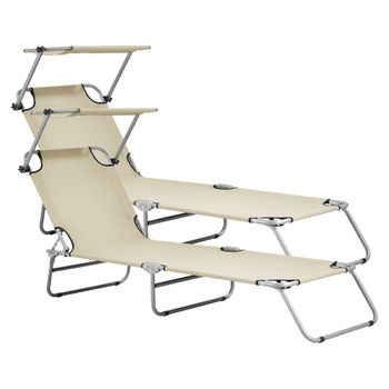 Set De 2x Tumbona Plegable Argozelo - 186 X 55 X 24 Cm - Con Techo - Parasol - Toldo - Acero - Hasta 110 Kg - Hamaca De Playa - Asiento Para Jardín - Silla Reclinable - Beige [casa.pro]®