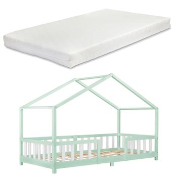 Cama Para Niños De Madera Pino Treviolo Con Colchón De Espuma Fría - 90 X 200 Cm - Cama Infantil - Con Reja Protectora - Casita - Forma De Casa - Menta Verde Blanco Lacado Mate [en.casa]®