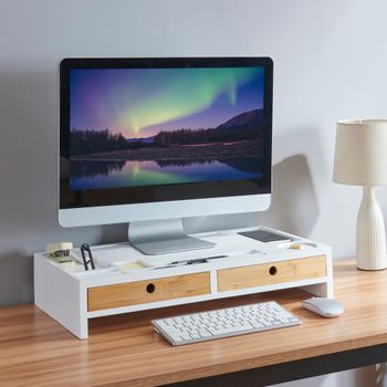  Soporte para monitor de cuello, monitor de ordenador, estante  de base para pantalla de ordenador, estante para escritorio, cajón de  almacenamiento, Blanco : Electrónica