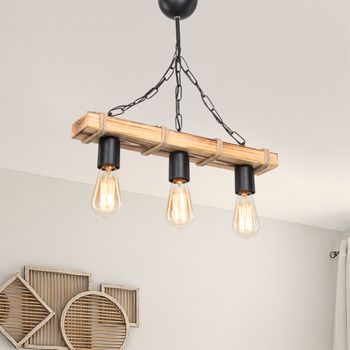 Lámpara Colgante Hemel 3 X E27 20 W Metal/madera 50 X 60 Cm Negro / Madera / Yute [lux.pro]