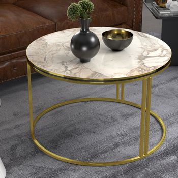 Mesa De Centro Aulum Redonda Aglomerado Y Metal 50 X Ø 70 Cm - Mármol Blanco Y Dorado [en.casa]