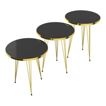 Set De 3 Mesas Auxiliares Skibby Varios Tamaños (48 X Ø 38 Cm) Aglomerado Y Metal - Negro Y Dorado [en.casa]