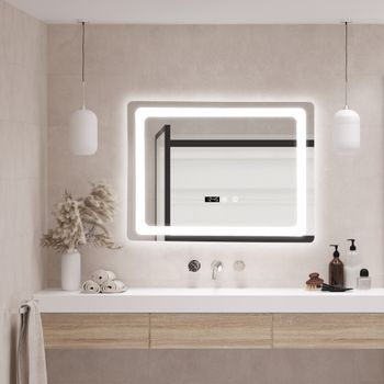 Espejo De Pared Con Led Racale Para Baño Ip65 Con Reloj Antivaho Y Lupa  Aluminio 80 X 60 X 3 Cm - Blanco [pro.tec]