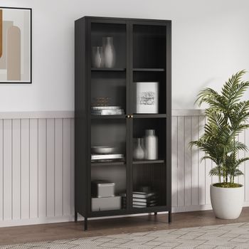 Vitrina Säkylä Con 2 Puertas Y 4 Estantes Cristal Acanalado Y Acero 180 X 80 X 35 Cm - Negro Y Translúcido [en.casa]