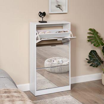 Mueble Zapatero con 3 Puertas, Estrecho, Color Cambria y Blanco, Medidas:  107 cm (Alto) x 60 cm (Ancho) x 17,3 cm (Fondo)