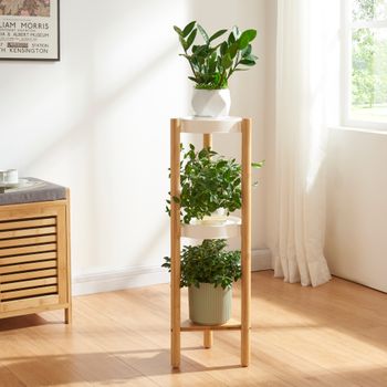 Soporte Para Plantas Sastamala De 3 Niveles Bambú Y Plástico 78 X 25 X 25 Cm - Natural Y Blanco [en.casa]