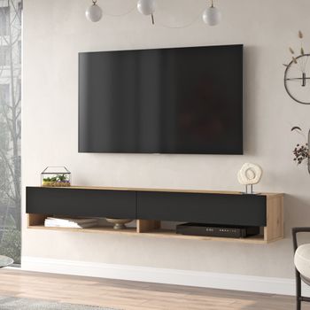 Mueble TV de madera en negro y natural, 180 x 40 x 46,7 cm