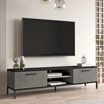 Mueble Tv Lempäälä Con 2 Estantes Y 2 Puertas Aglomerado/metal 39 X 160 X 35 Cm - Efecto Hormigón / Negro [en.casa]