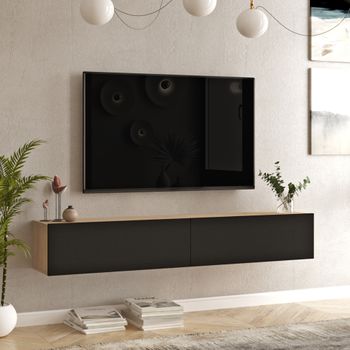 Mueble Tv Suspendido Lapinlahti Aglomerado 180x32x30 Cm - Efecto Roble / Negro [en.casa]