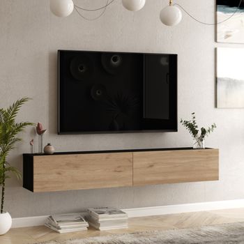 Mueble Tv Suspendido Lapinlahti Aglomerado 180x32x30 Cm - Negro / Efecto Roble [en.casa]