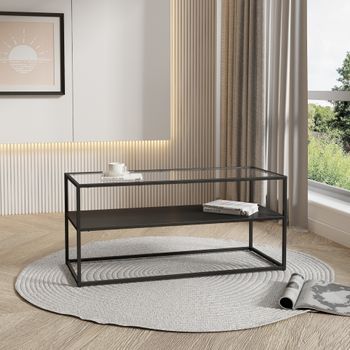 Mesa De Centro Solund Con 1 Estante Acero/cristal 102x43x46cm - Negro Mate [en.casa]