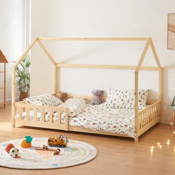 Cama Infantil Hesel En Forma De Casa Pino Con Reja 120x200cm - Natural [en.casa]