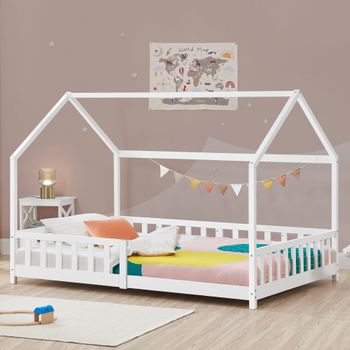 Cama Infantil Hesel En Forma De Casa Pino Con Reja 90x200cm - Blanco [en.casa]