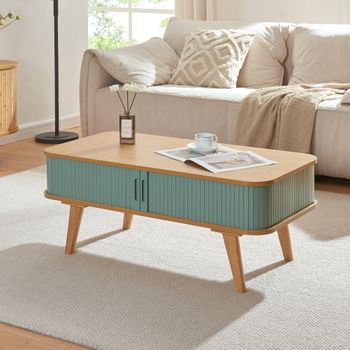 Mesa De Centro Tysvær Con Puertas Bambú 100x50x40cm - Natural/azul [en.casa]