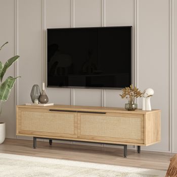 Mueble De Tv Kvænangen Con 2 Puertas 160x36x45cm - Roble / Ratán [en.casa]